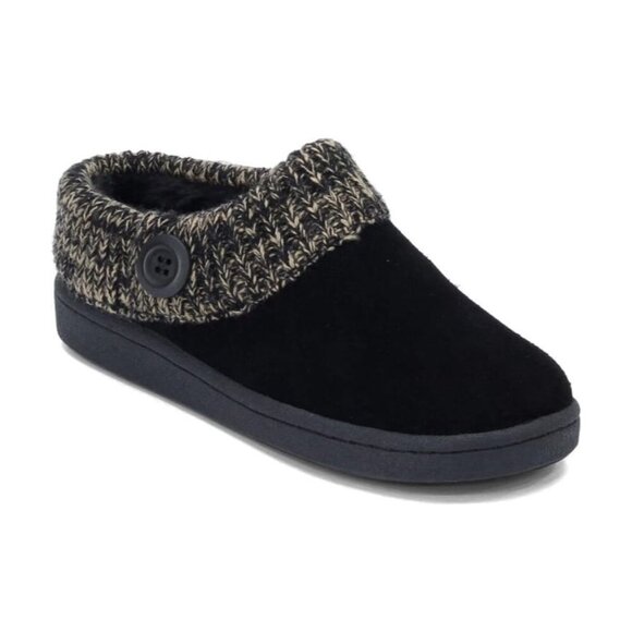 Clarks Women's Fairisle Scuff Leather Slipper Mules Sweater Cuff Black Clog 11 - Picture 1 of 6